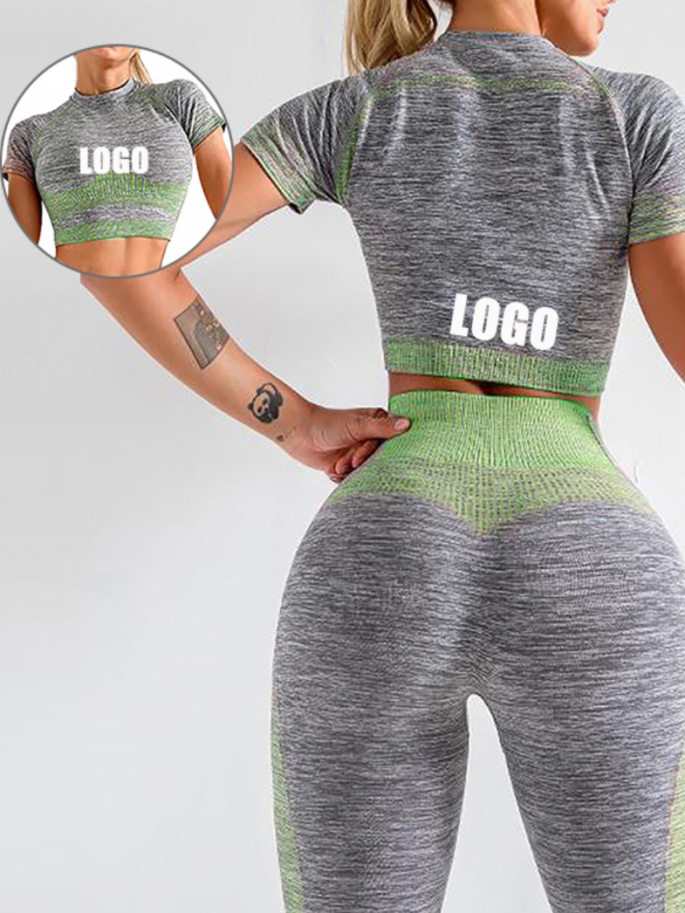 Exquisite Green Crop Top Seamless High Waist Pants Athletic Apparel