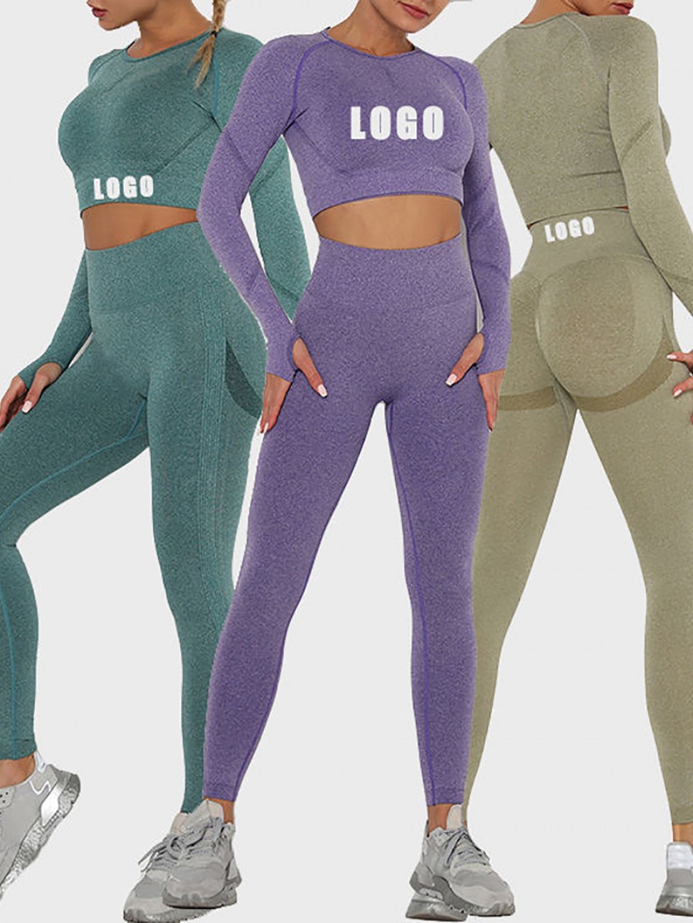 Casual Purple Seamless Knit Wide Waistband Sports Suit Form Fit