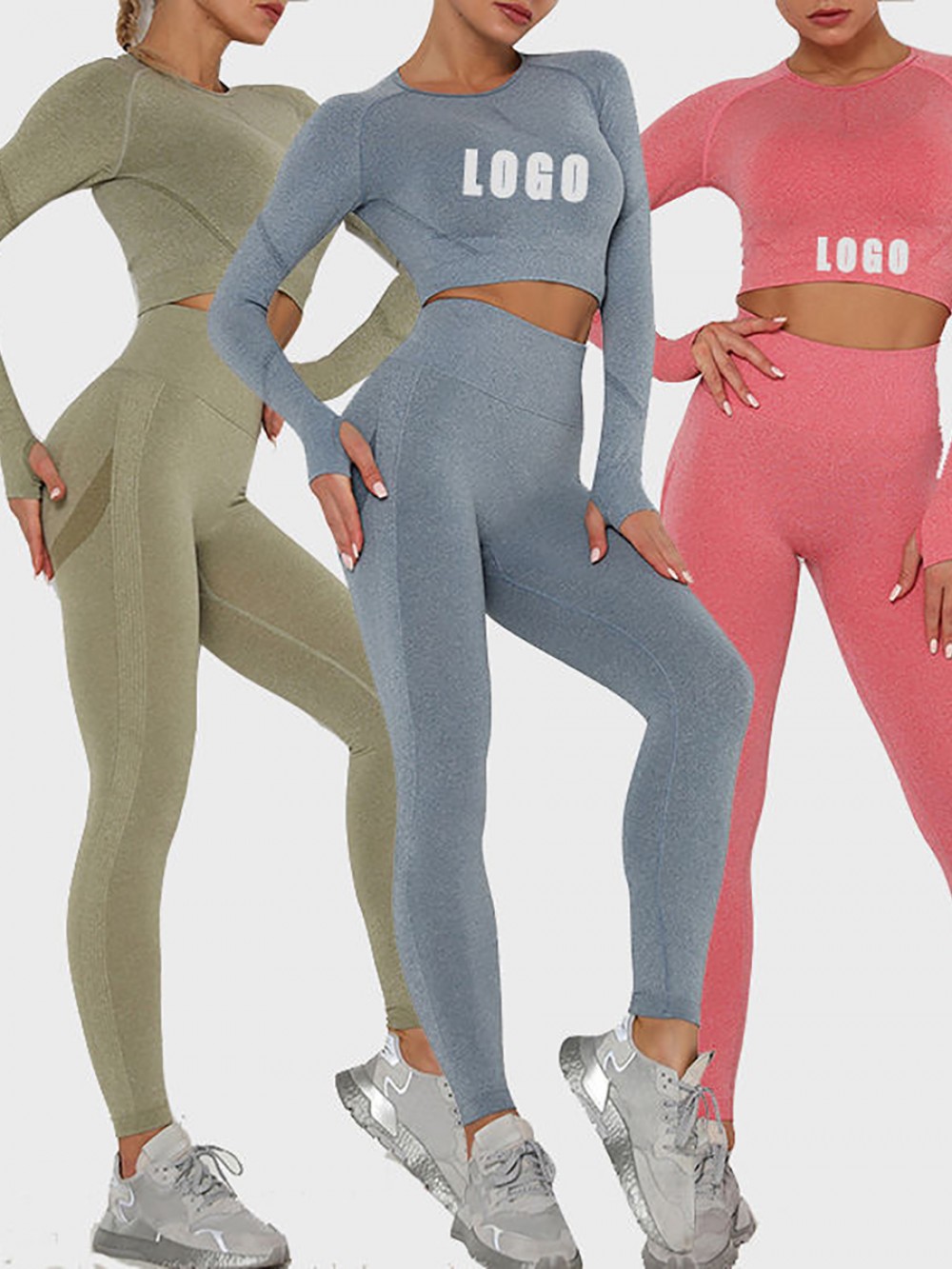 Stylish Watermelon Red Seamless Thumbhole Yoga Suit Full Length Stretchy