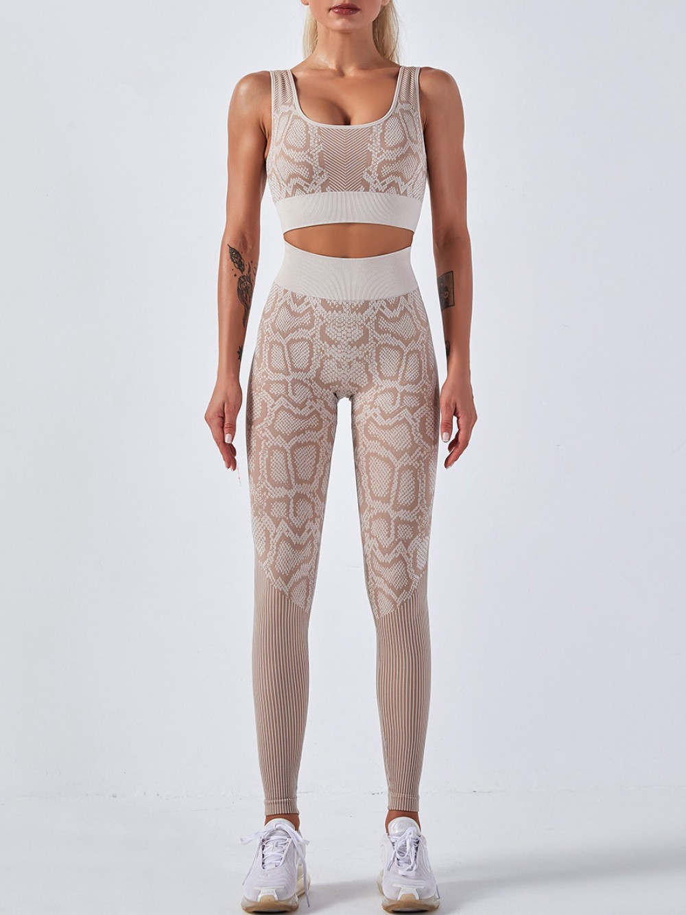 Khaki Seamless Snakeskin Yoga Suit High Waist Stretchy Fabric