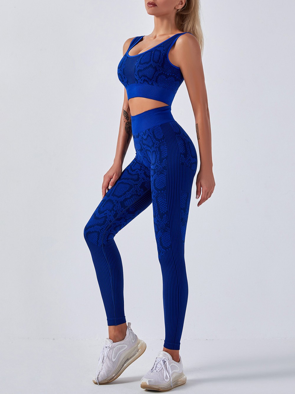Deep Blue Seamless Snakeskin Yoga 2 Piece Outfits Sensual Curves