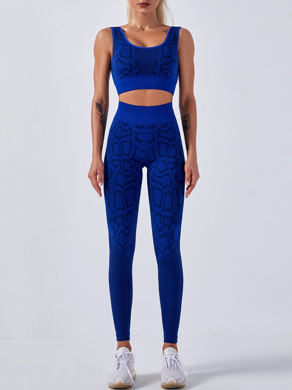 Deep Blue Seamless Snakeskin Yoga 2 Piece Outfits Sensual Curves