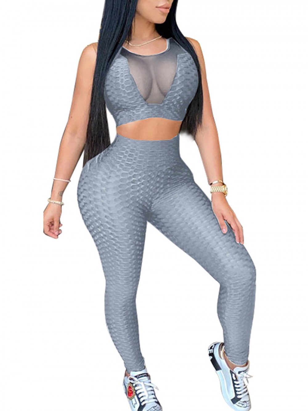Gray Sheer Mesh Suit Wide Waistband Young Style