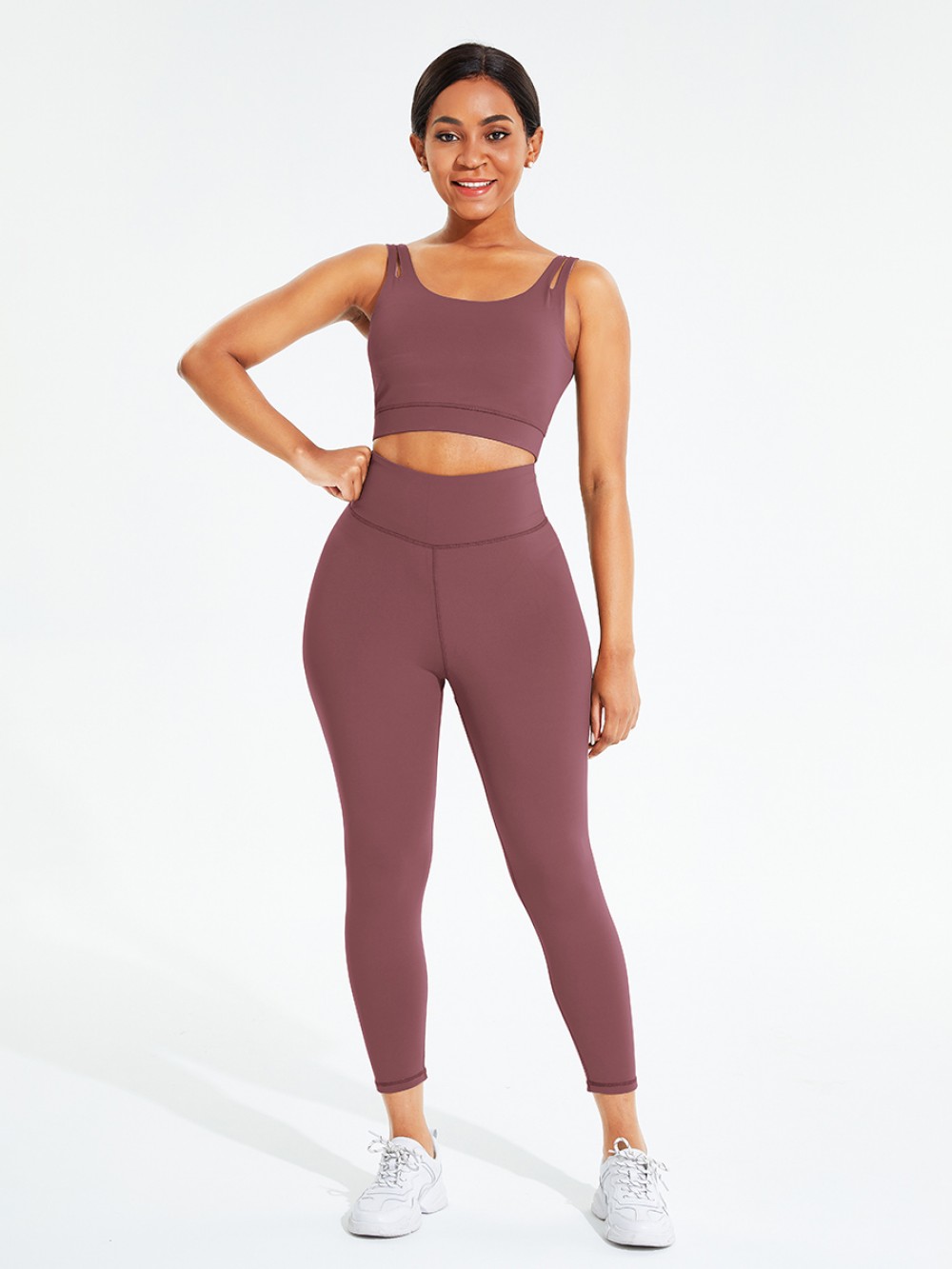 Sweat Suit Purplish Red Crew Neck Pleated Solid Color Elasticity