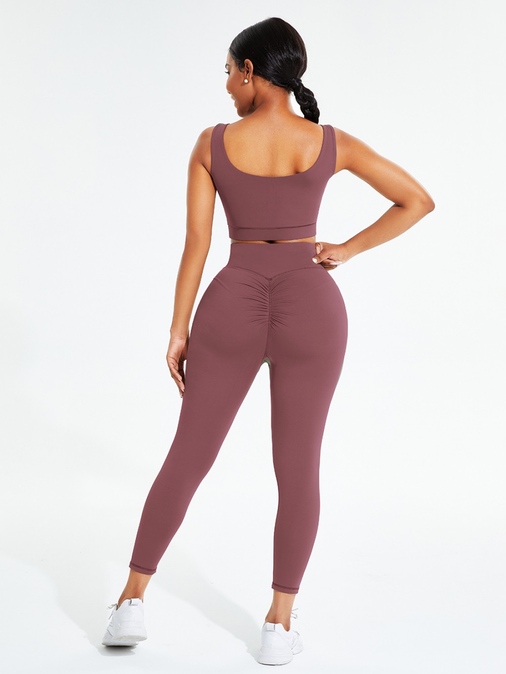 Sweat Suit Purplish Red Crew Neck Pleated Solid Color Elasticity