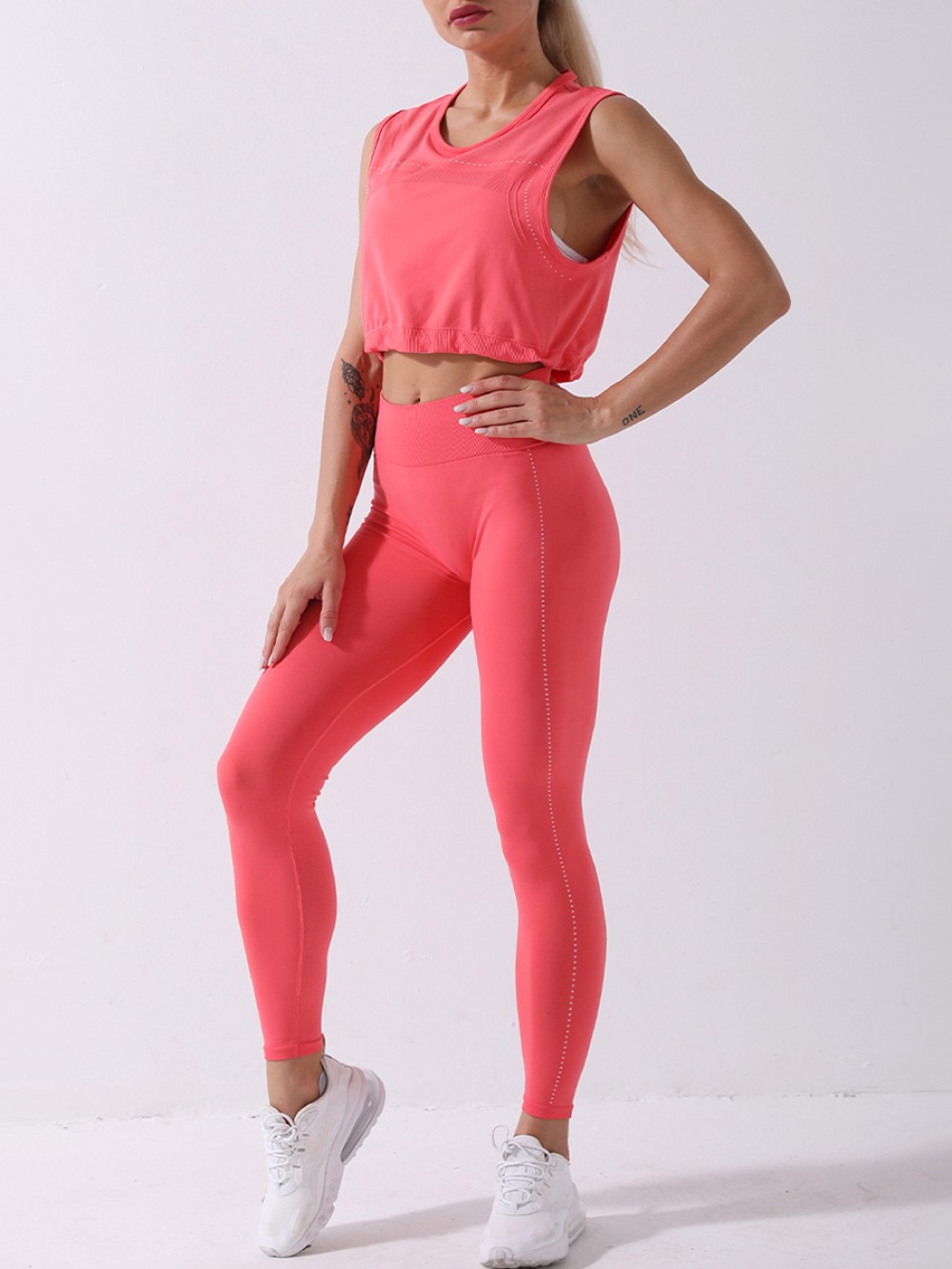 Drawstring Dark Pink Wide Waistband Seamless Sports Suit Casual Clothing