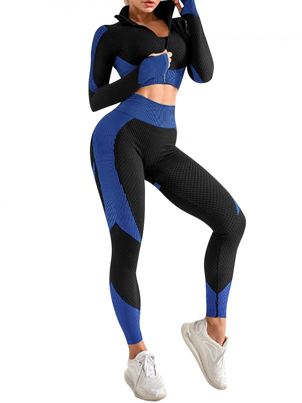 Blue Knit 3 Pieces Sports Suit With Zipper Stretchable
