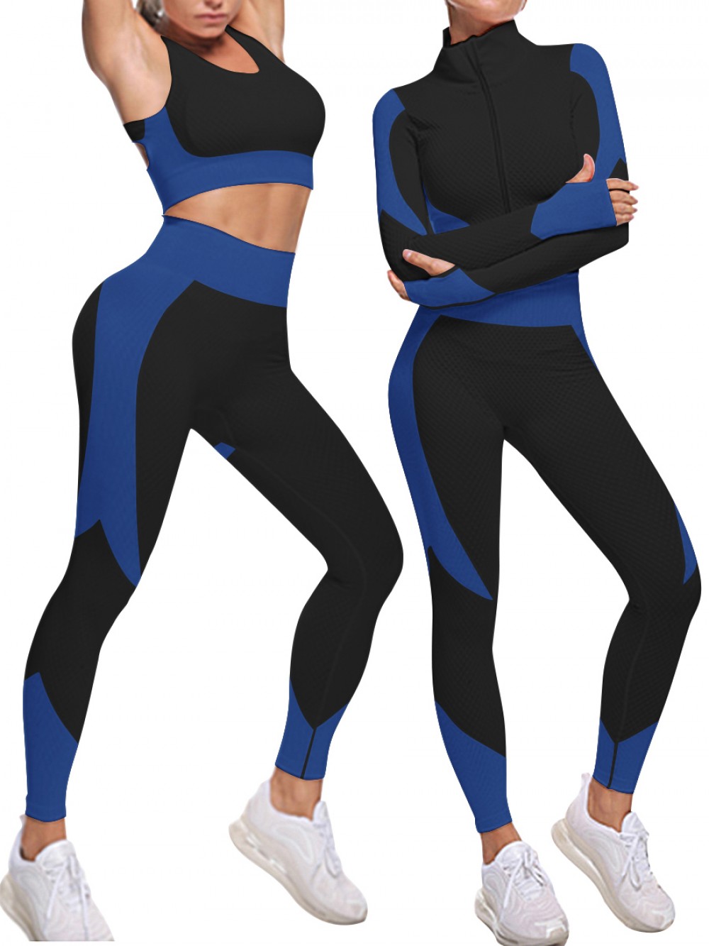 Blue Knit 3 Pieces Sports Suit With Zipper Stretchable