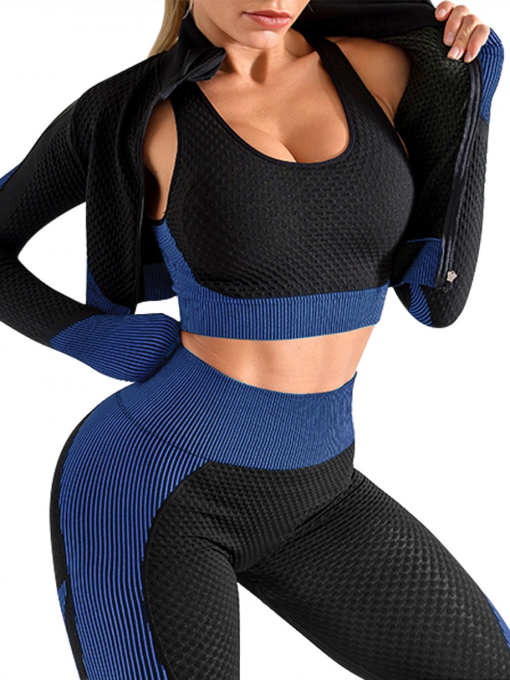 Blue Knit 3 Pieces Sports Suit With Zipper Stretchable