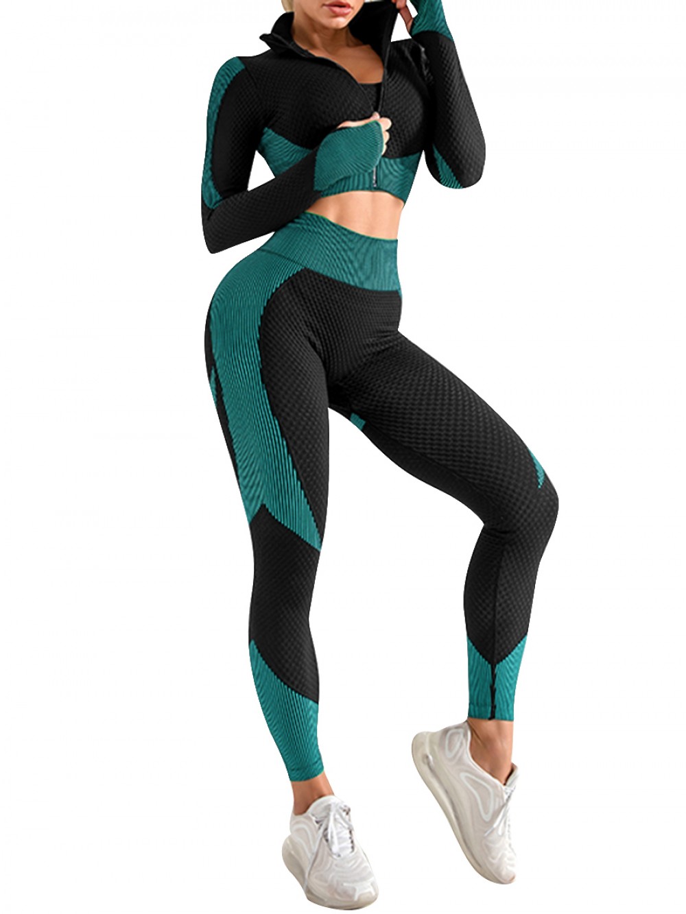 Dark Green Colorblock Thumbhole Full Length Yoga Suit For Female Runner