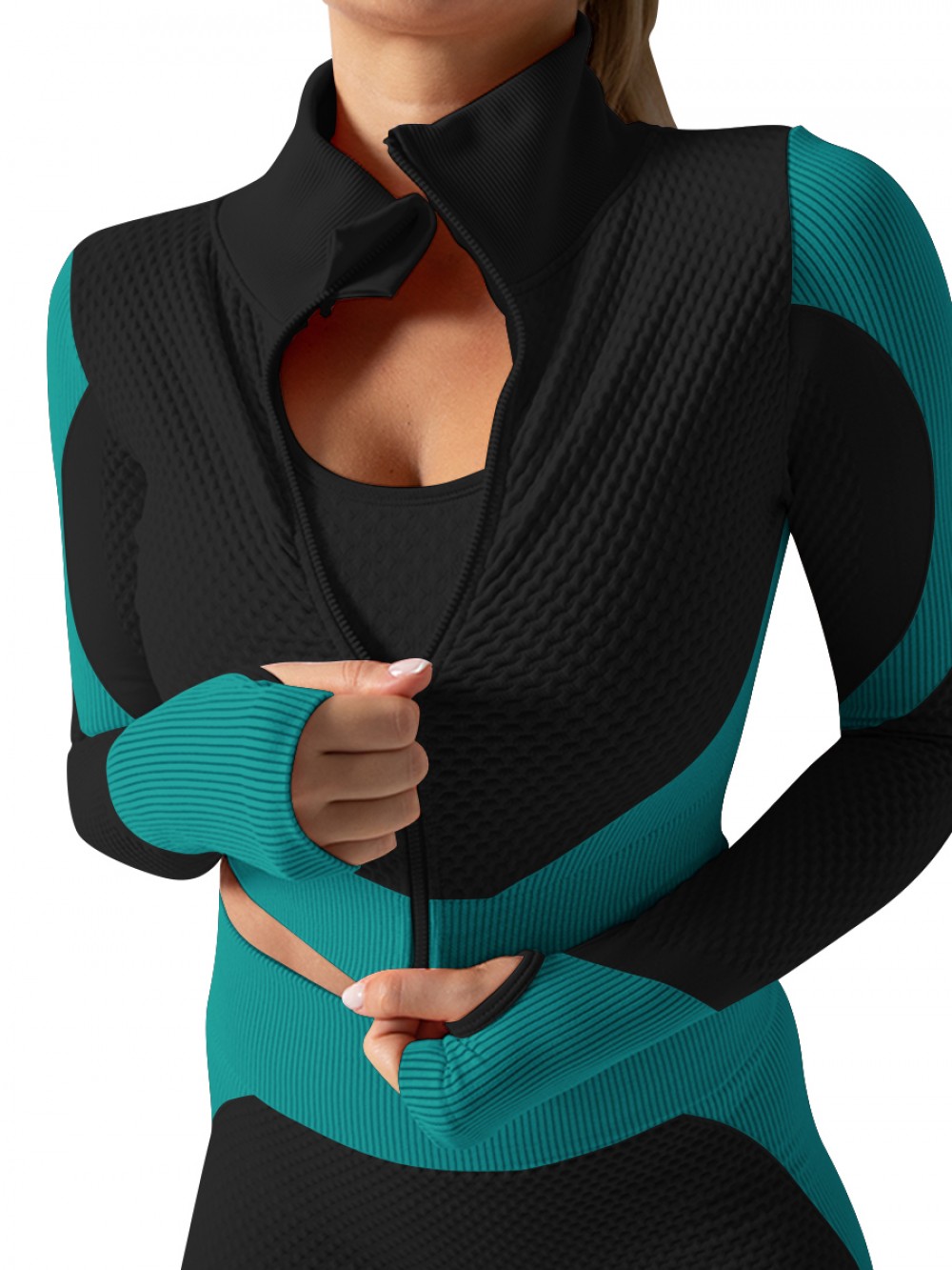 Dark Green Colorblock Thumbhole Full Length Yoga Suit For Female Runner