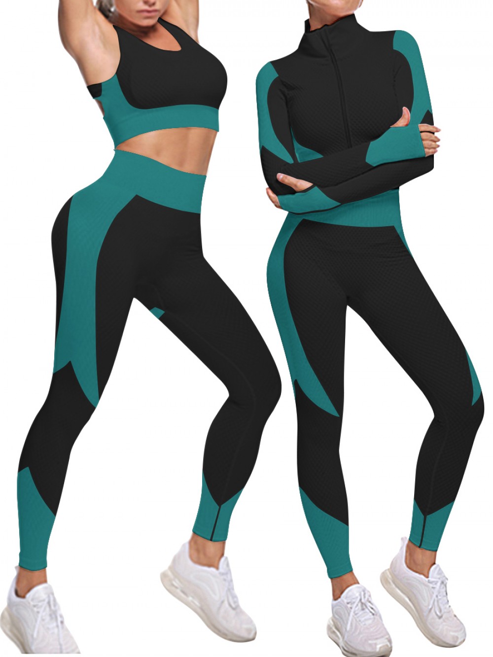 Dark Green Colorblock Thumbhole Full Length Yoga Suit For Female Runner