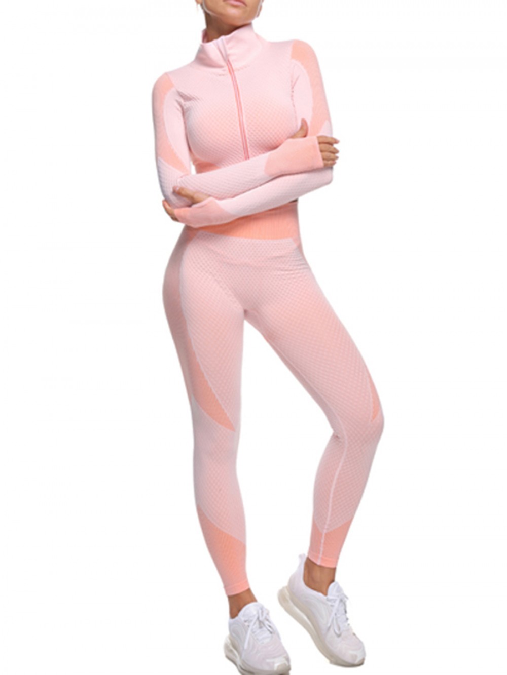 Pink Cropped Jacket Sports Bra Hi-Waist Leggings Athletic Apparel