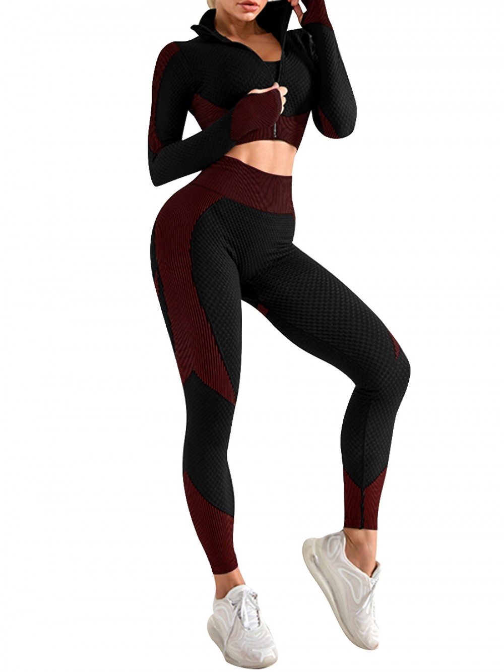 Knit Sports Bra Zipper Jacket And Leggings Red Weekend Time
