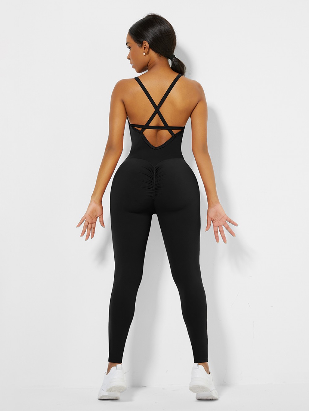 Black Strappy Back Removable Pads Yoga Bodysuit Quick Drying