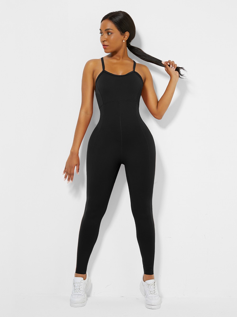 Black Strappy Back Removable Pads Yoga Bodysuit Quick Drying