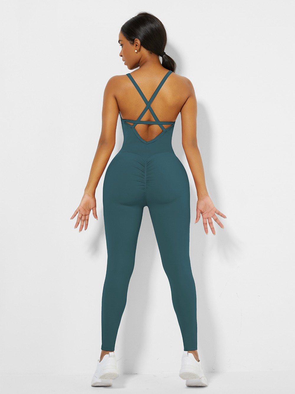 Blue Cross Back Pleated Sling Athletic Jumpsuit For Fitness