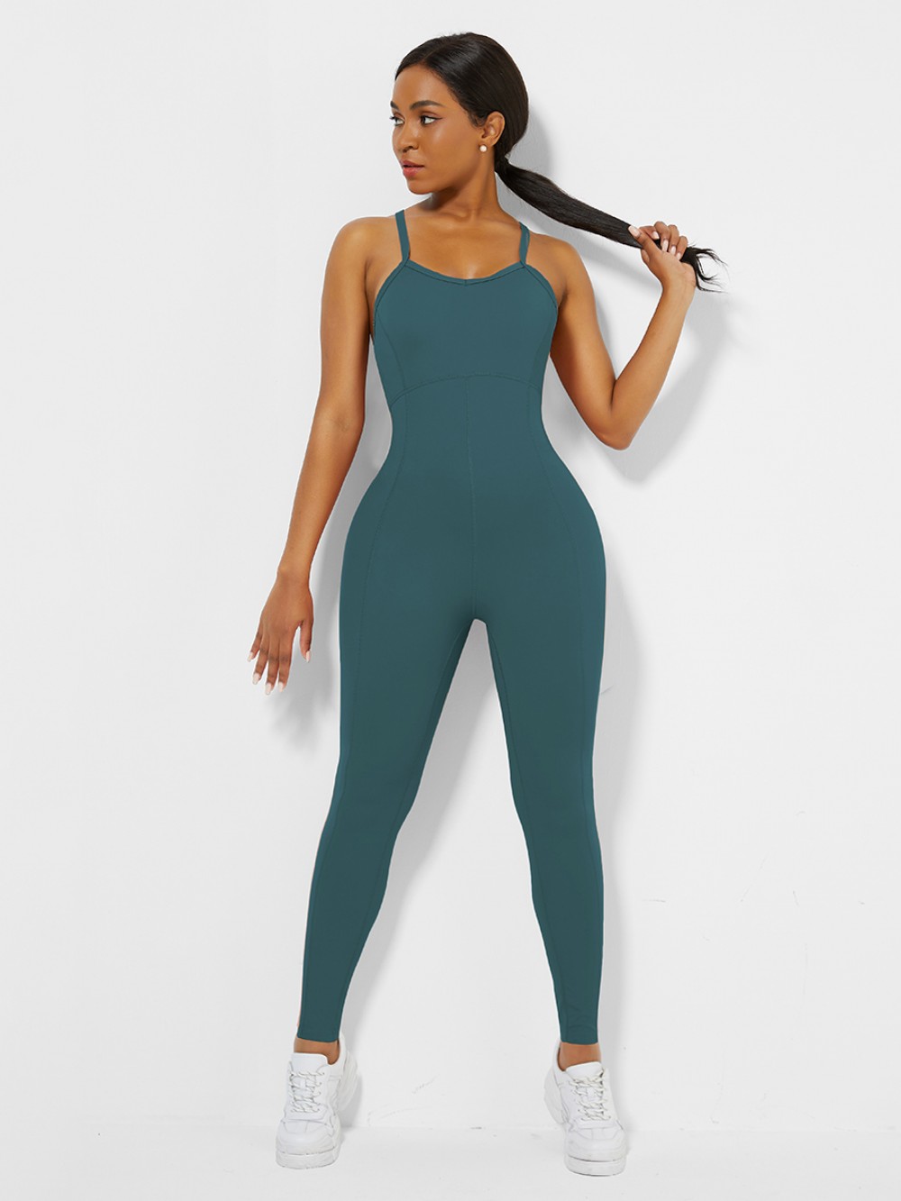 Blue Cross Back Pleated Sling Athletic Jumpsuit For Fitness