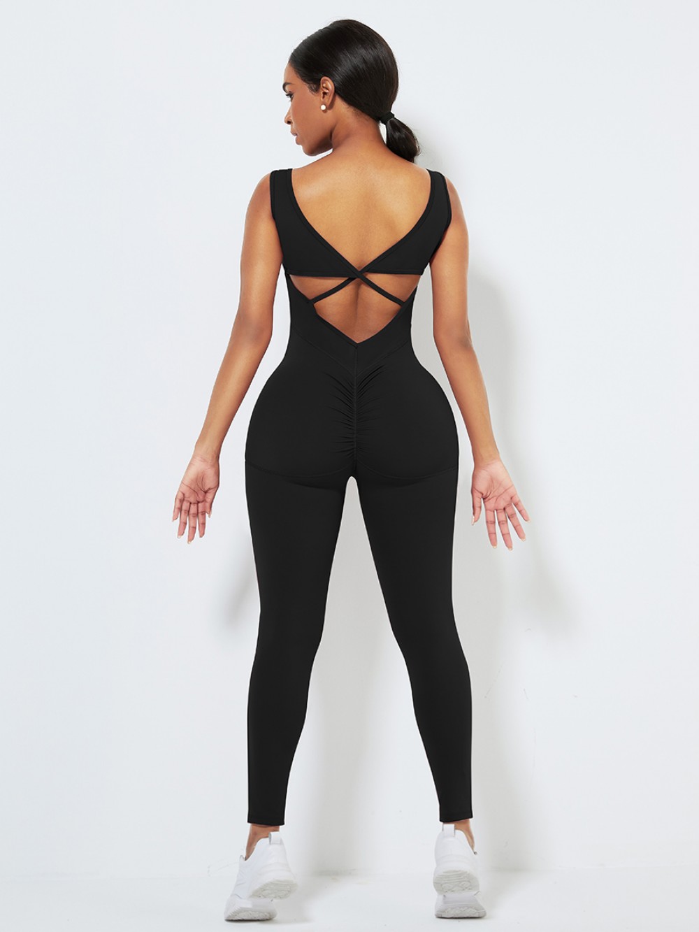 Black Running Bodysuit Wide Strap Ankle Length For Exercising