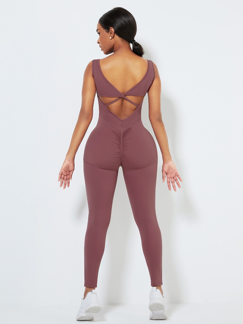 Purplish Red Hollow Out Hip Wrinkle Yoga Jumpsuit Fabulous Fit