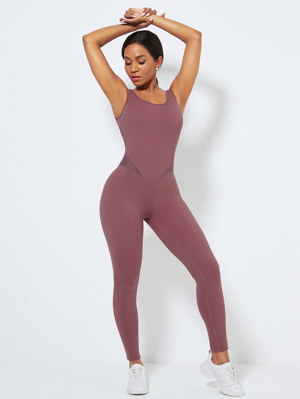 Purplish Red Hollow Out Hip Wrinkle Yoga Jumpsuit Fabulous Fit