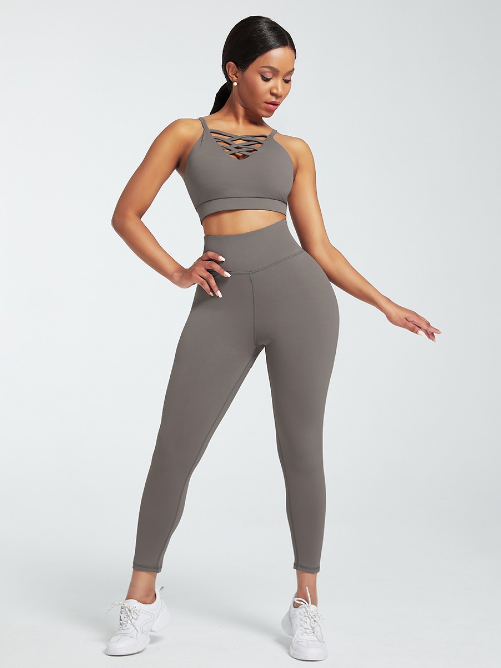 Gray Sports Sets Low Back Wide Waistband Pockets Natural Outfit