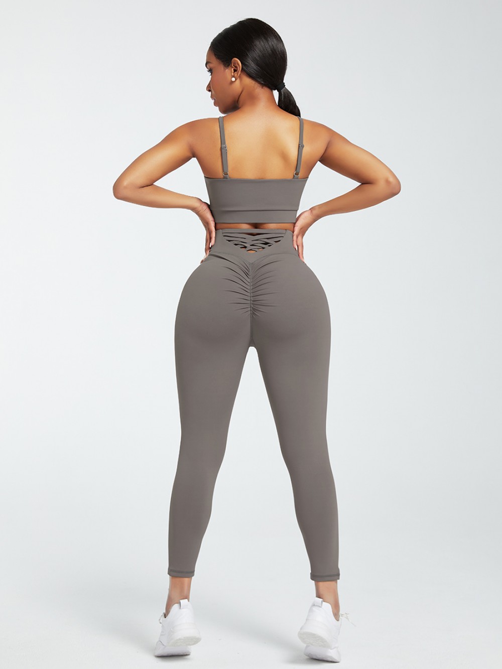 Gray Sports Sets Low Back Wide Waistband Pockets Natural Outfit
