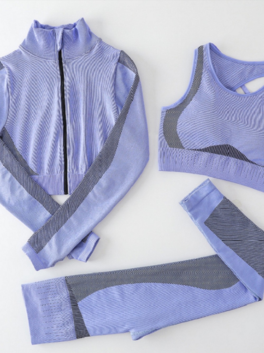 Long Sleeve Top Sports Bra And Leggings Blue Stretchy