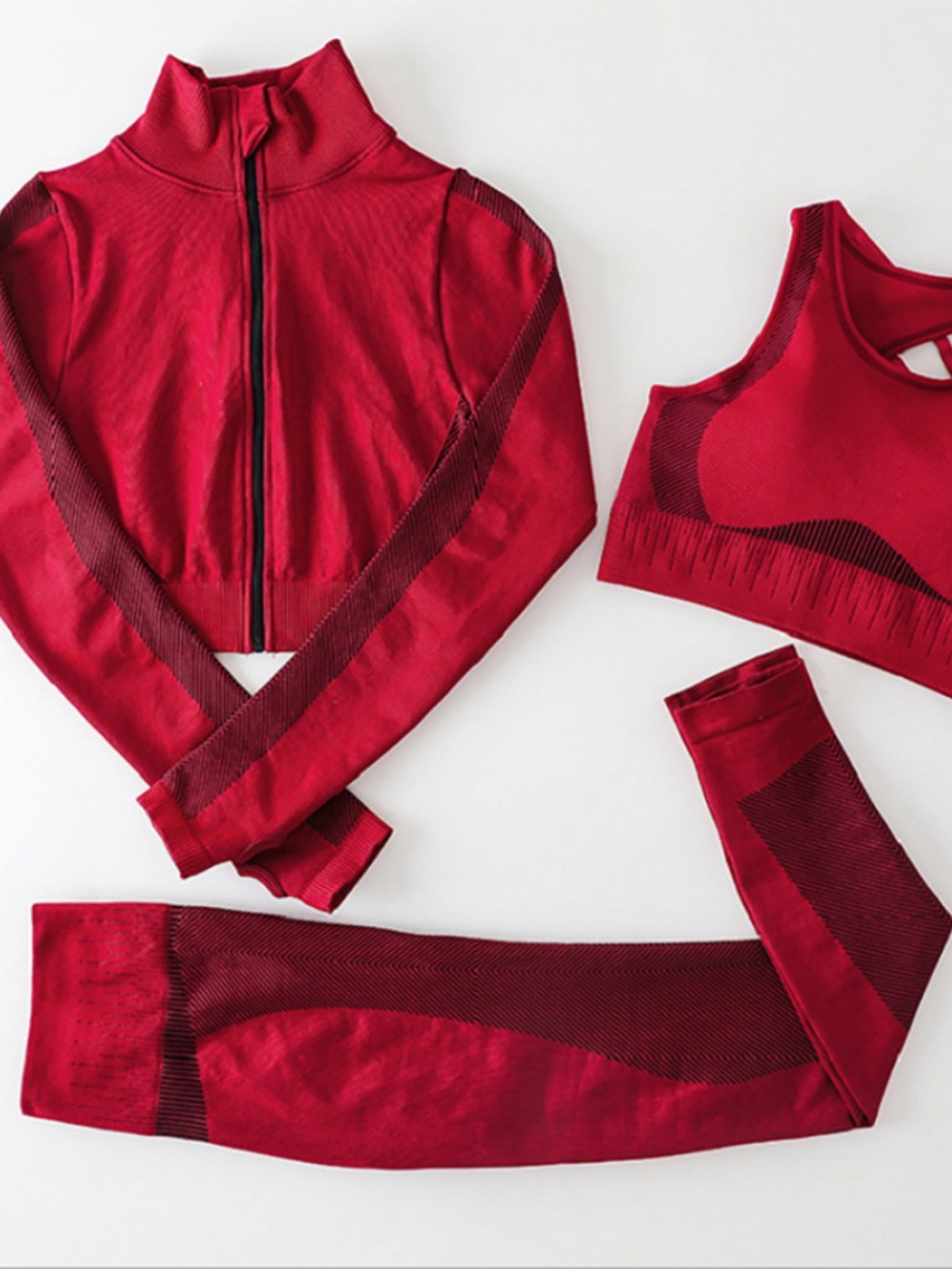 Red 3 Pieces Workout Set Seamless Zipper Running Clothes