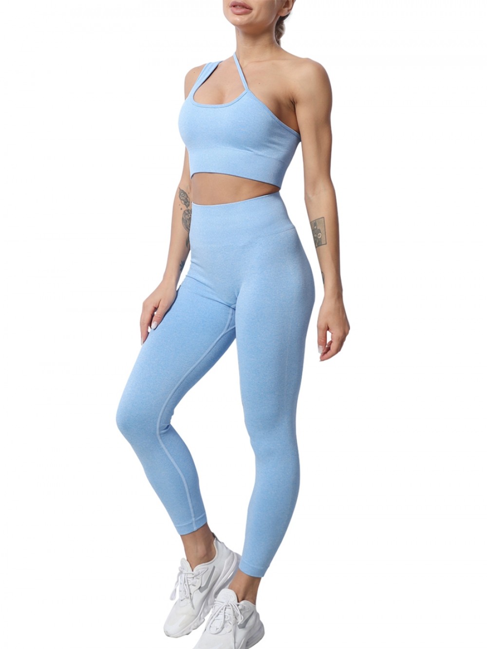 Blue Removable Pad Slanting Straps Yoga Outfit Slim Fit