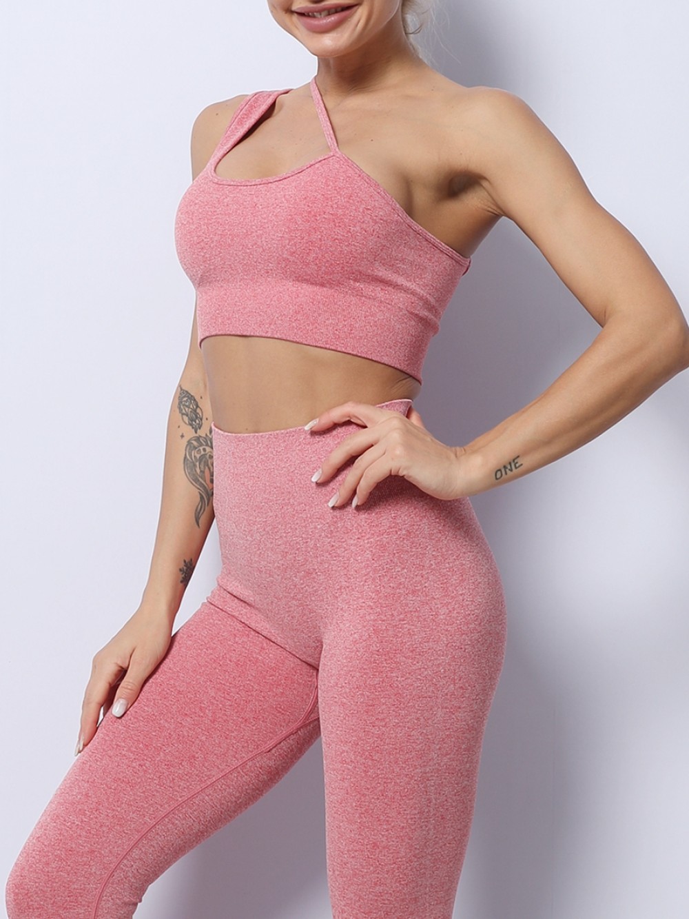 Red Solid Color Slanting Straps Yoga Wear Suit All Over Smooth