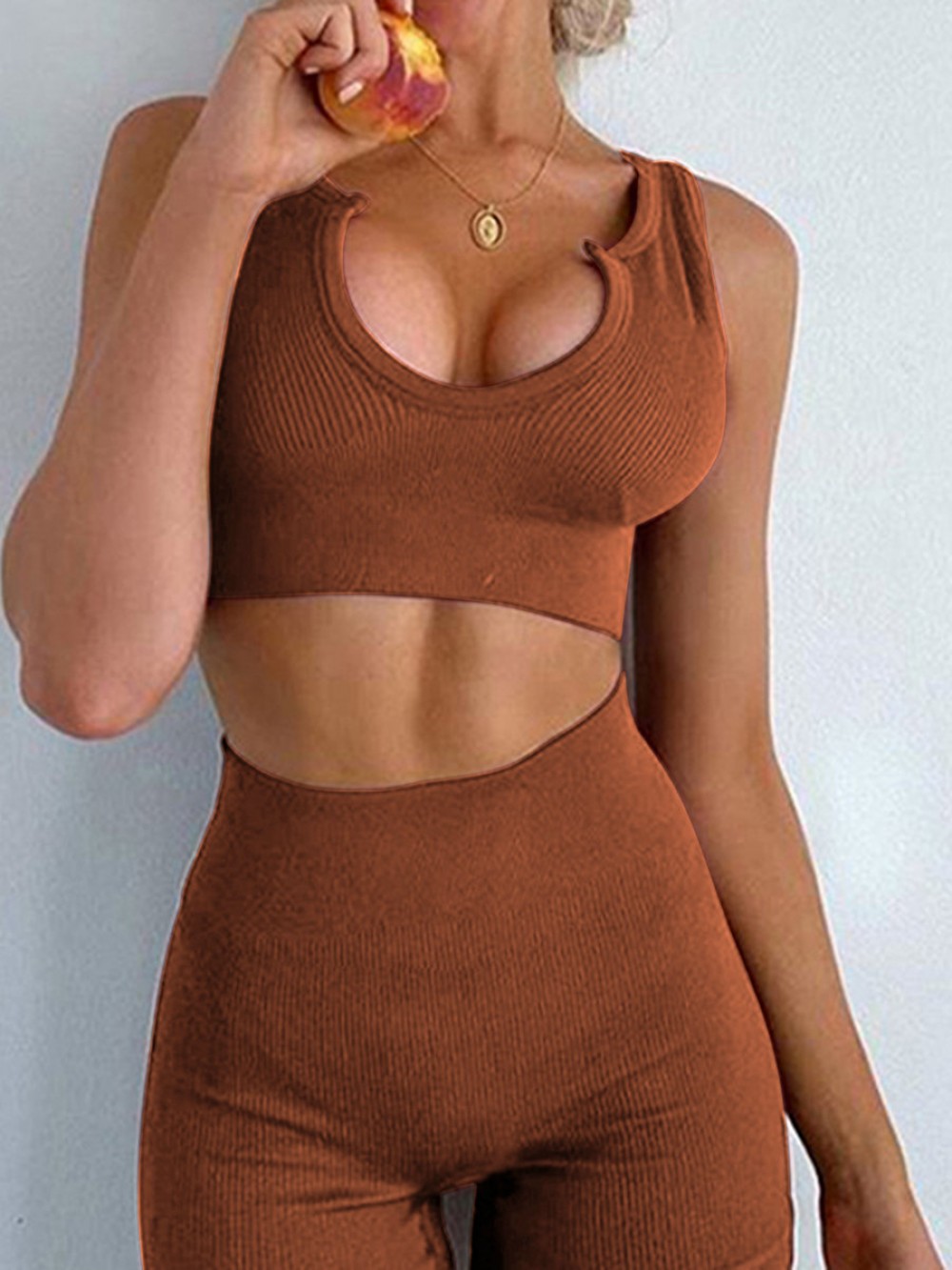 Dark Brown Low Neck Sports Bra And Seamless Shorts Set Comfort Fit