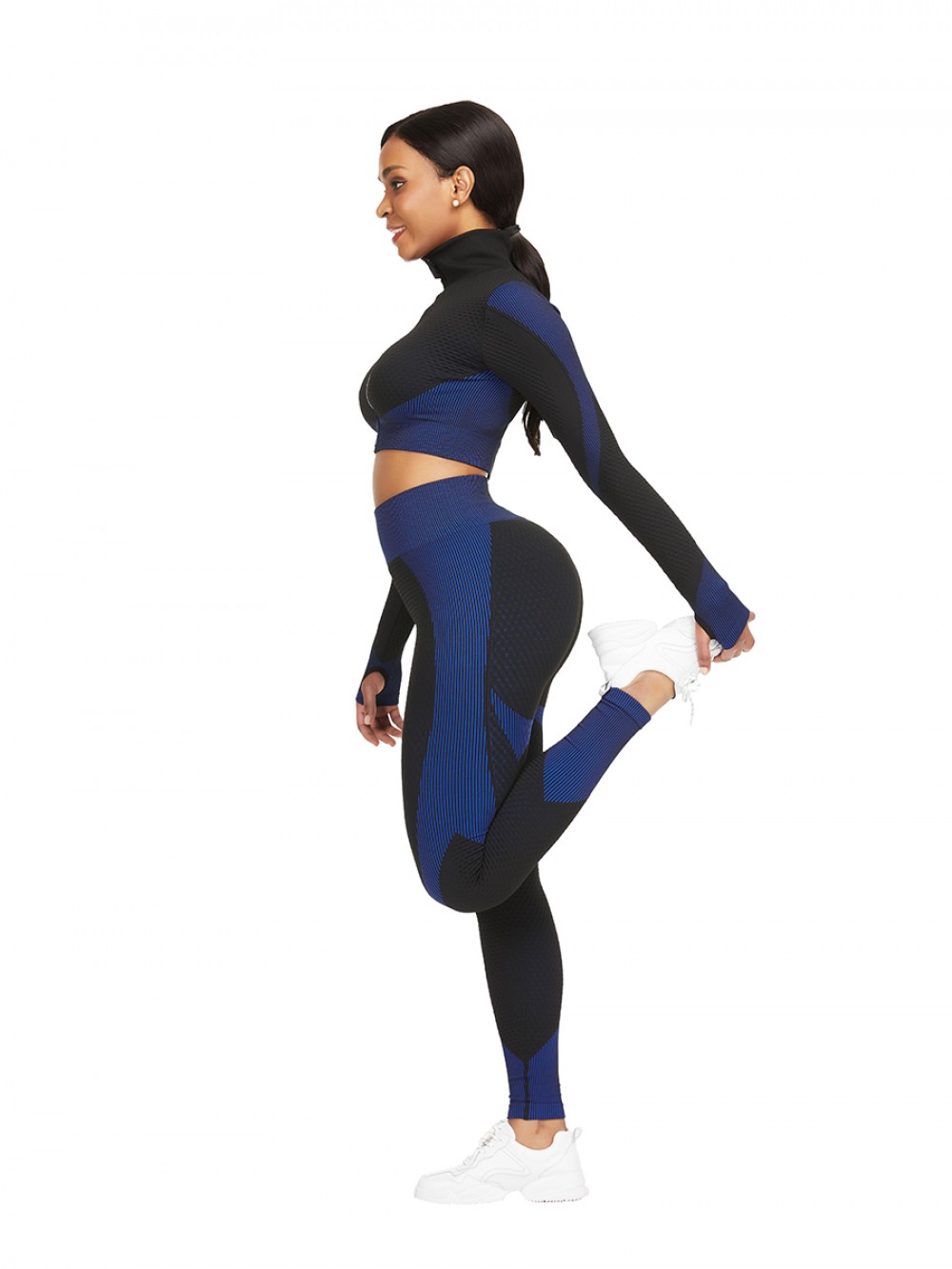 Dark Blue Stand-Up Collar Top High Rise Leggings Workout Activewear