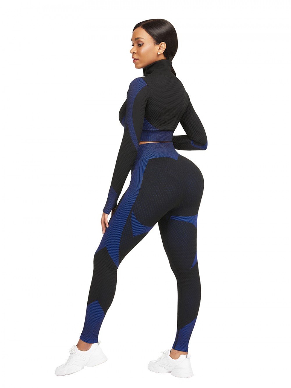 Dark Blue Stand-Up Collar Top High Rise Leggings Workout Activewear