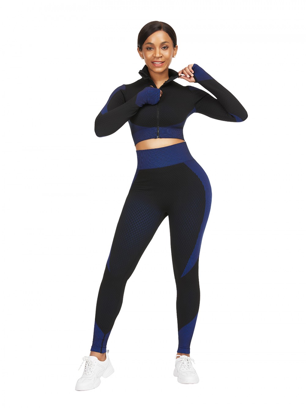 Dark Blue Stand-Up Collar Top High Rise Leggings Workout Activewear
