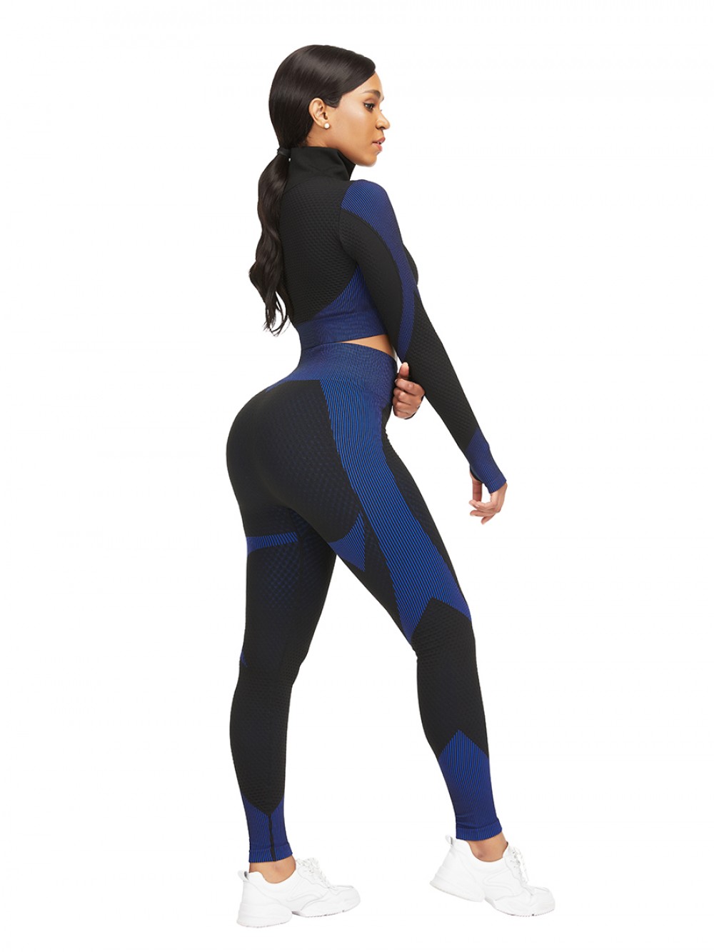 Dark Blue Stand-Up Collar Top High Rise Leggings Workout Activewear