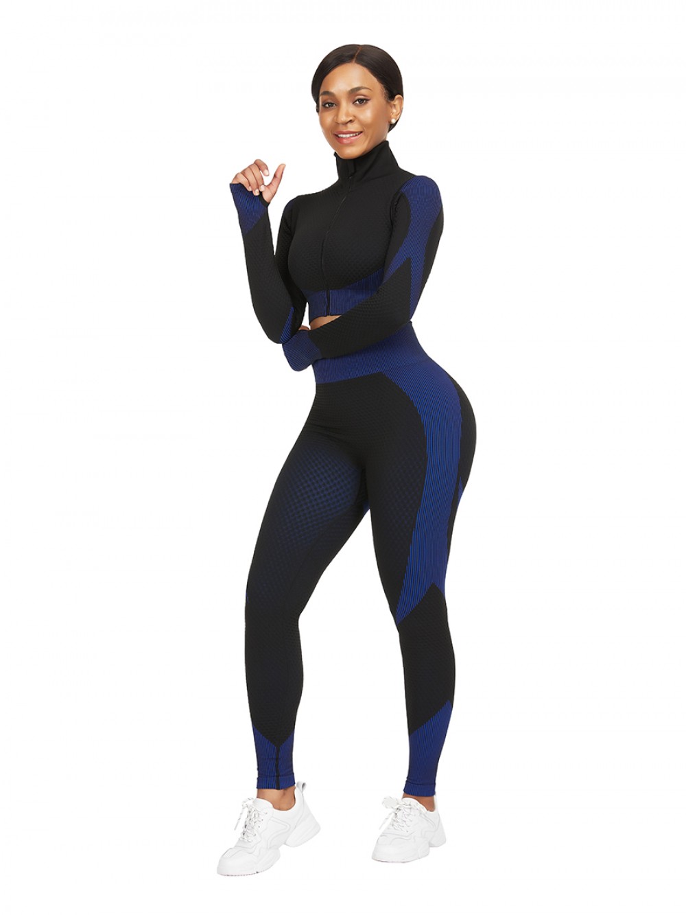 Dark Blue Stand-Up Collar Top High Rise Leggings Workout Activewear