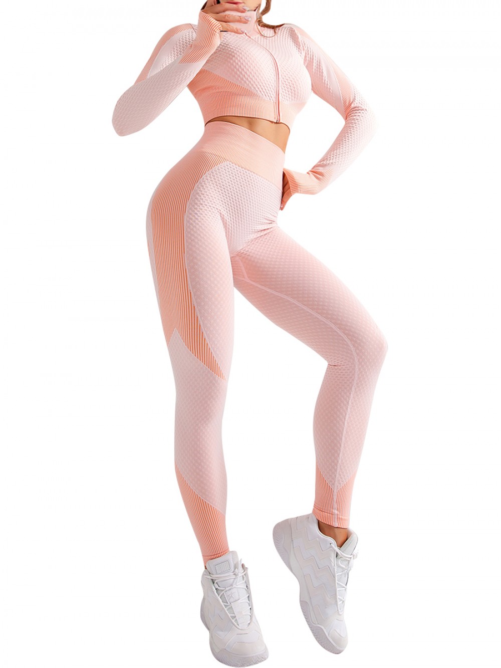 Resilient Pink Sports Top Zipper And High Waist Pants Lightweight