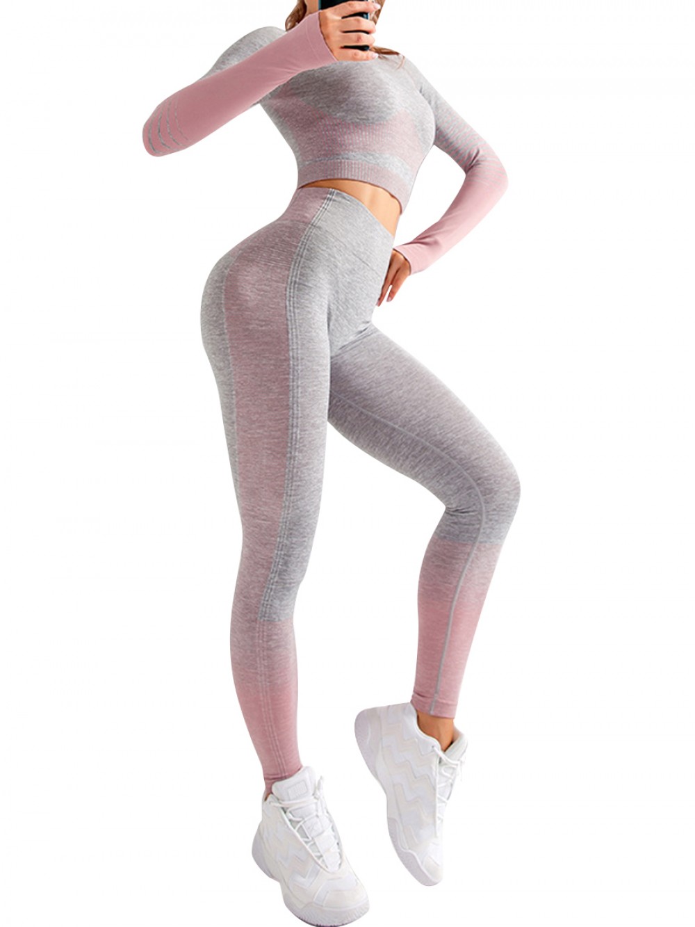 Gorgeous Pink Full Length Sport Suit Crop High Waist Form Fitting
