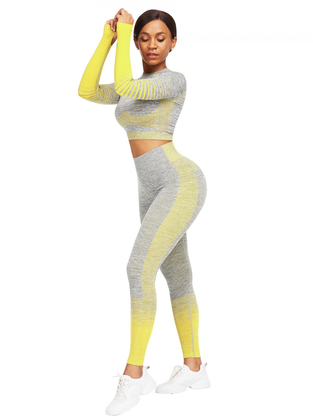 Interesting Yellow Tie-Dyed Cropped Top High Rise Leggings For Fitness