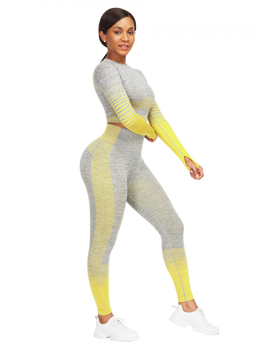 Interesting Yellow Tie-Dyed Cropped Top High Rise Leggings For Fitness