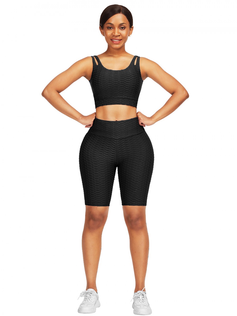 Elasticated Black Jacquard High Waist Crop Sports Suit For Work