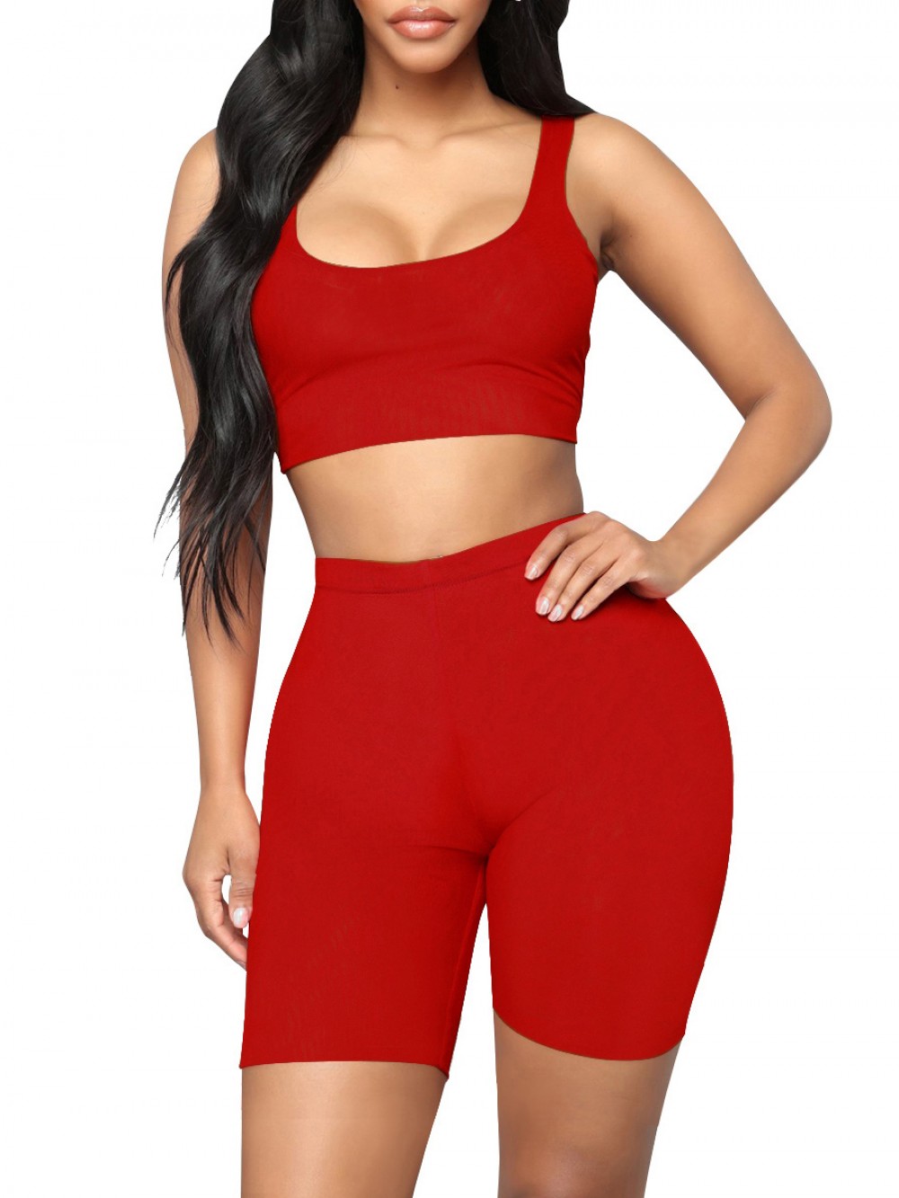 Breathable Red Sleeveless Top High Rise Sports Shorts Feminine