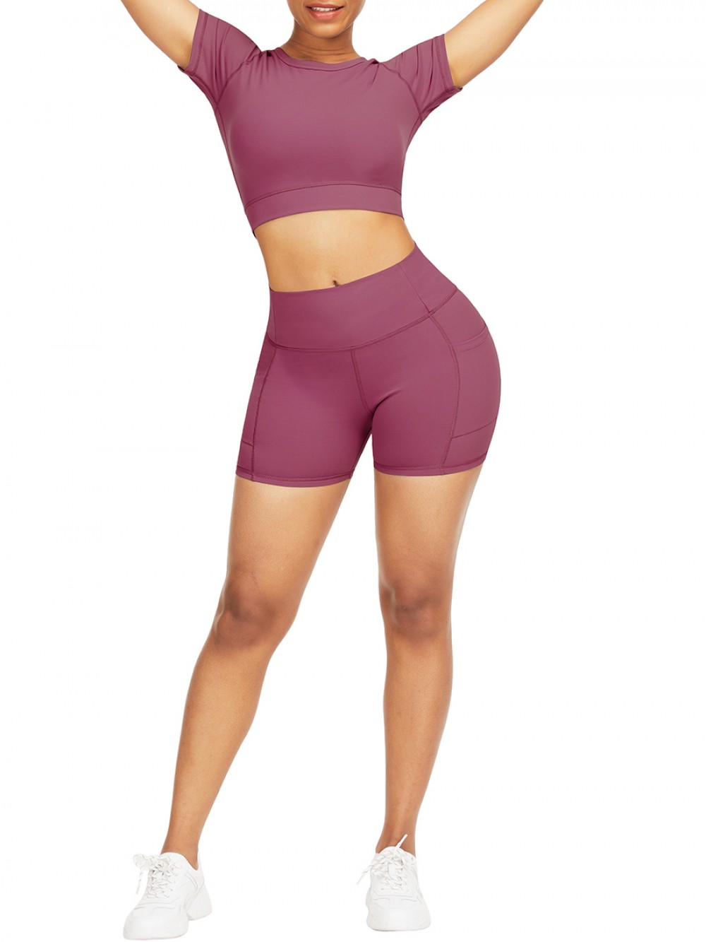 Slimming Rose Red Sports Suit Short Sleeve Side Pocket For Training