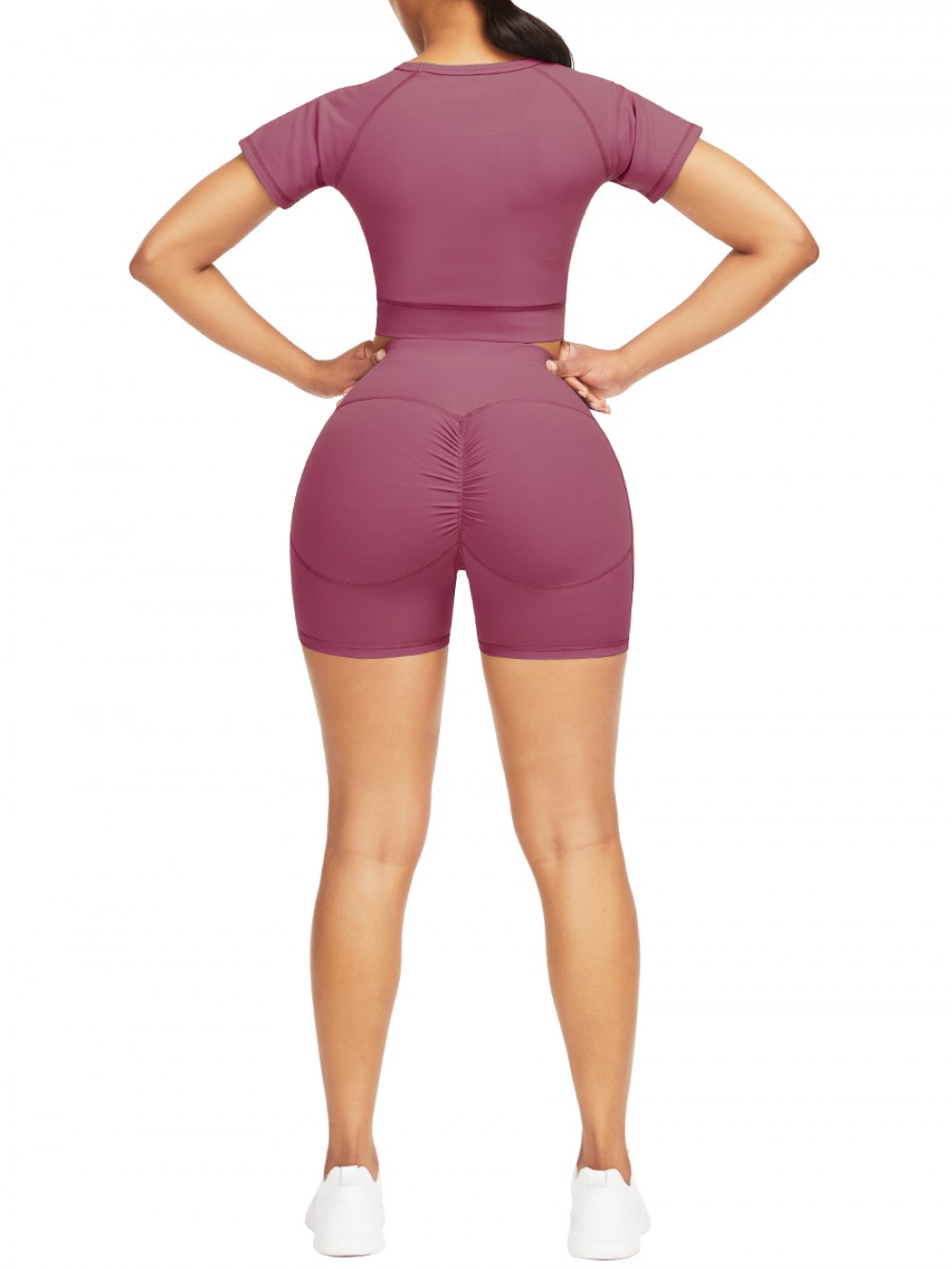 Slimming Rose Red Sports Suit Short Sleeve Side Pocket For Training
