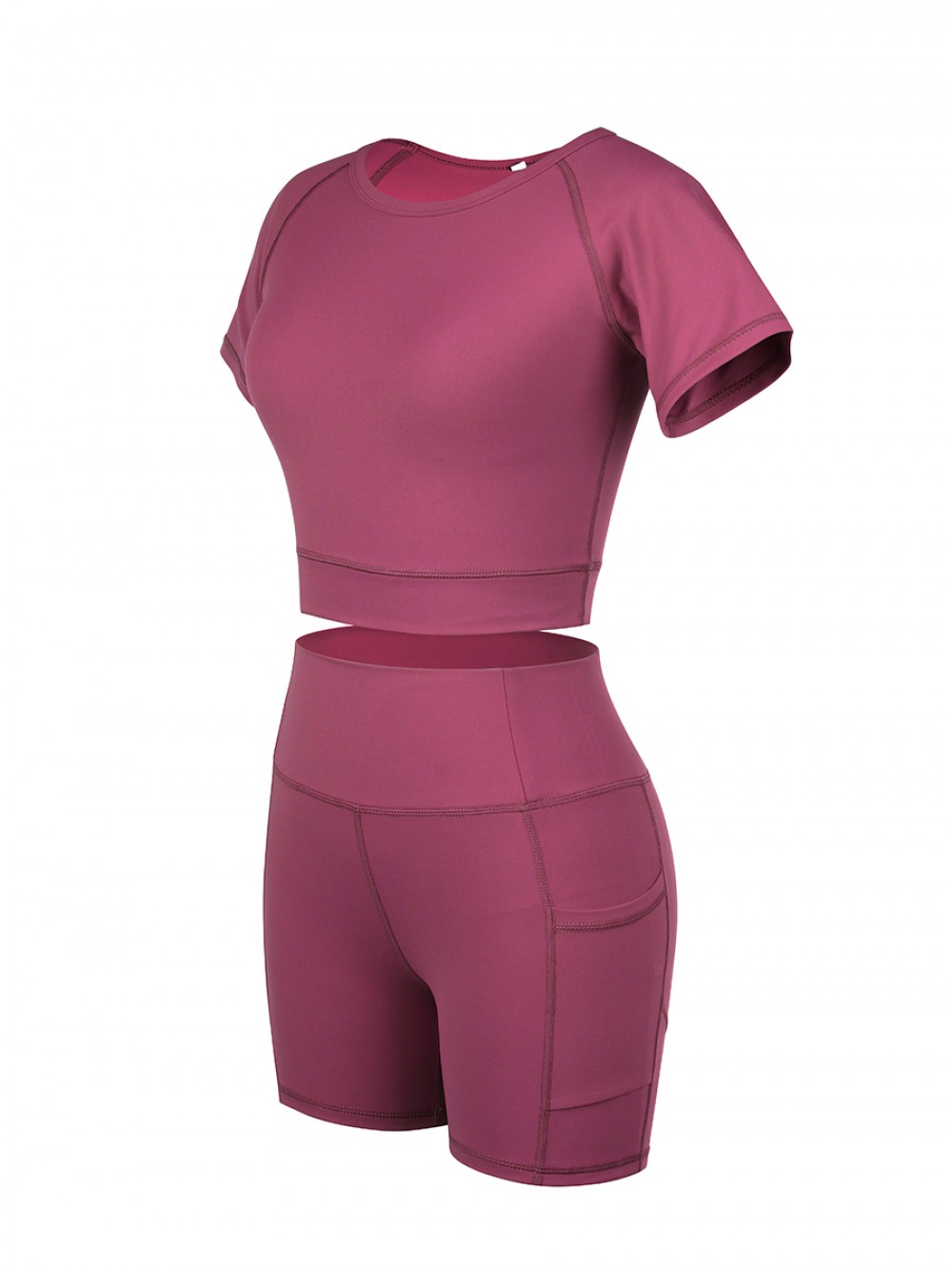 Slimming Rose Red Sports Suit Short Sleeve Side Pocket For Training