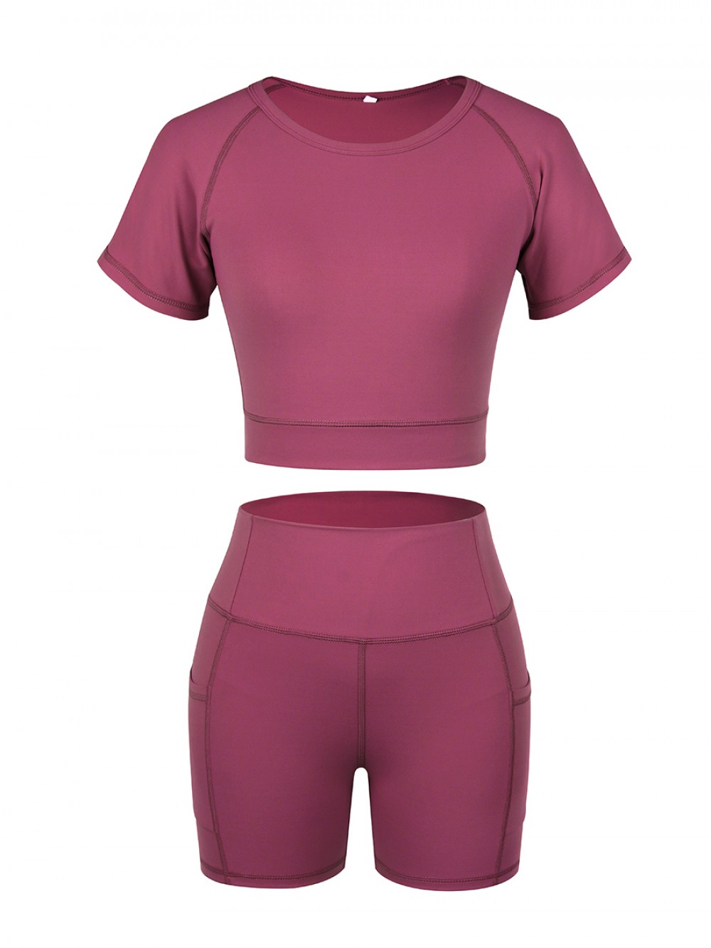Slimming Rose Red Sports Suit Short Sleeve Side Pocket For Training