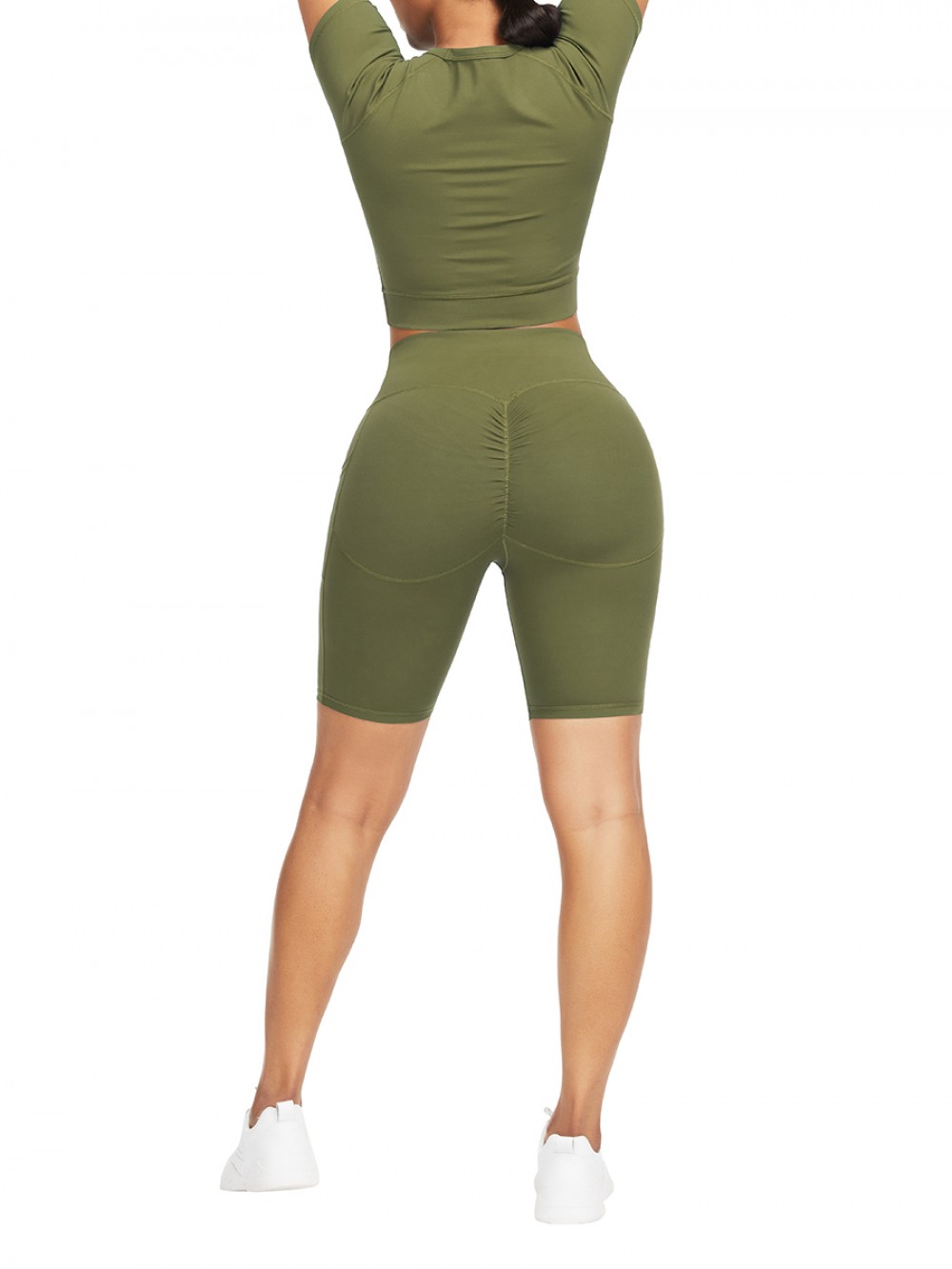 Fetching Army Green Crew Neck Top Wide Waistband Shorts For Workout