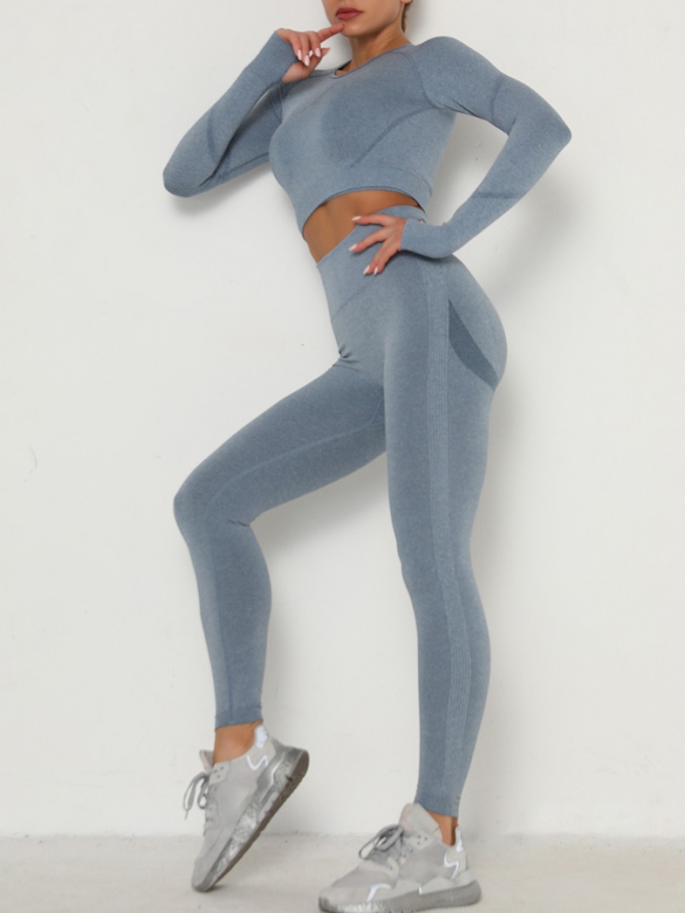 Ultra-Skinny Blue Long Sleeve Top High Waist Leggings Supper Fashion
