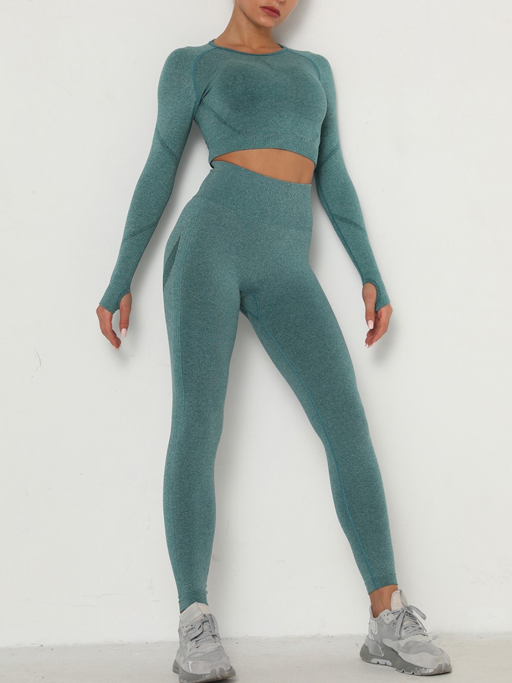 Compression Green Thumbhole Ankle Length Ruched Sweat Suit Refined Outfit